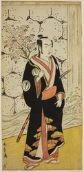 Aktor Sawamura Sojuro III jako Sonobe Zaemon w sztuce „Shin Usuyuki Monogatari”, wystawionej w Teatrze Ichimura w ósmym miesiącu 1779