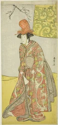 Aktor Segawa Kikunojo III (?) lub Segawa Otome (?) jako tancerka Shirabyoshi w Musume Dojo-ji, w sztuce Edo no Hana Mimasu Soga (?) lub Buke no Hana Musume no Adauchi (?), Wystawiony w Nakamura Teatr (?) w czwartym miesiącu, 1783 (?)