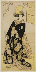 Aktor Segawa Kikunojo III jako tancerz Shirabyoshi w Musume Dojo-ji w sztuce Edo no Hana Mimasu Soga, wystawionej w Teatrze Nakamura w czwartym miesiącu 1783