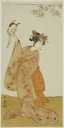 Aktor Segawa Yujiro I jako Matsukaze, siostra Togashi no Saemon, w sztuce Gohiiki Kanjincho (Twoja ulubiona sztuka Kanjincho [Lista subskrypcji]), wystawionej w Teatrze Nakamura od pierwszego dnia jedenastego miesiąca, 1773