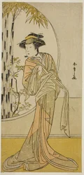 Aktor Tsuneyo II jako Okaru w sztuce Kanadehon Chushingura, wystawionej w Teatrze Morita w ósmym miesiącu, 1779