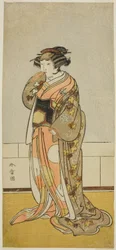 Aktor Yamashita Kinsaku II jako Lady Kikusui (Kikusui Gozen) (?) w sztuce Kaeribana Eiyu Taiheiki (?), wystawiony w Teatrze Nakamura (?) w jedenastym miesiącu 1779 (?)