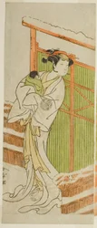 Aktor Yamashita Kinsaku II jako Moshio w sztuce Izu-goyomi Shibai no Ganjitsu, wystawionej w Teatrze Morita w jedenastym miesiącu, 1772
