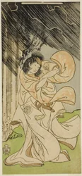 Aktor Yamashita Kinsaku II jako bogini piorunów w sztuce Onna Narukami, wystawionej w Teatrze Morita w pierwszym miesiącu 1770