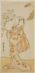 Aktor Yoshizawa Sakinosuke III jako Naniwazu w sztuce Sugata no Hana Yuki no Kuronushi, wystawionej w teatrze Ichimura w jedenastym miesiącu 1776 roku