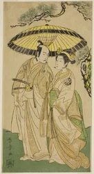 Aktorzy Arashi Hinaji I (po prawej) i Ichikawa Komazo II (po lewej), jako Księżniczka Sakura (Sakura Hime) (?) i Shimizu Tonoinosuke (?), w Play Soga Moyo Aigo no Wakamatsu (?), Wystąpi w Nakamura Teatr (?) w trzecim miesiącu, 1769 (?)
