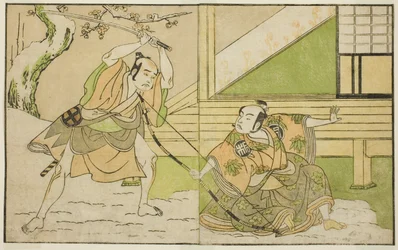 Aktorzy Arashi Sangoro II jako Hojo Tokiyori (po prawej) i Otani Hiroji III jako Koga Saburo (po lewej), w sztuce Kono Hana Yotsugi no Hachi no Ki, wystawionej w Teatrze Ichimura w jedenastym miesiącu 1771