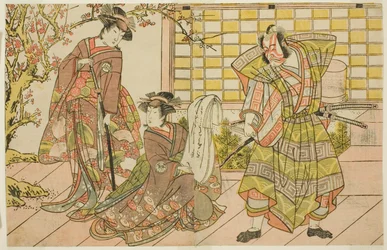 Aktorzy Ichikawa Danjuro V jako Miura Kunitae (po prawej), Segawa Kikunojo III jako Yasukata (w środku) i Iwai Hanshiro IV jako Utou (po lewej), w sztuce Godai Genji Mitsugi no Furisode, zagranej w Teatrze Nakamura w jedenastym miesiącu, 1782