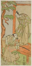 Aktorzy Ichikawa Danjuro V jako Momonoi Wakasanosuke (po prawej) i Nakamura Nakazo I jako Kakogawa Honzo (po lewej), w sztuce Kanadehon Chushingura, wystawionej w Teatrze Nakamura w piątym miesiącu, 1771