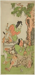 Aktorzy Ichikawa Danzo III jako I no Hayata Tadazumi (po prawej) i Matsumoto Koshiro II jako Osada no Taro Kagemune w przebraniu Yatsurugiego Zaemona (po lewej), w sztuce Nue no Mori Ichiyo no Mato, wystawionej w Teatrze Nakamura w jedenastym miesiącu , 17
