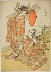 Aktorzy Ichikawa Monnosuke II i Segawa Kikunojo III jako Kochankowie Seijuro (po prawej) i Onatsu (po lewej), w Scenie Ucieczki „Michiyuki Hiyoku no Kiku-cho” (Uciekinier: Chryzantema i Motyle Nierozłączki), przerywnik taneczny z Część druga Plai