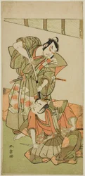 Aktorzy Ichikawa Yaozo II jako Konoshita Hyokichi (?) (po prawej) i Sakata Hangoro II jako Matsunaga Daizen Hisahide (?) (po lewej), w sztuce Gion Sairei Shinko Ki (?), wystawionej w Teatrze Ichimura (?) w piąty miesiąc, 1775 (?)