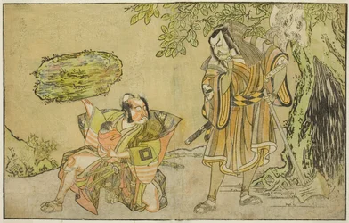 Aktorzy Matsumoto Koshiro II jako Osada no Taro Kagemune przebrany za drwala Gankutsu no Gorozo (po prawej) i Ichikawa Danzo III jako ja no Hayata Tadazumi (po lewej), w sztuce Nue no Mori Ichiyo no Mato, wystawionej w Teatrze Nakamura w Jedenaście