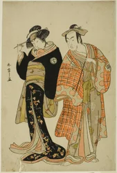 Aktorzy Matsumoto Koshiro IV i Segawa Kikunojo III jako Kochankowie Choemon (po prawej) i Ohan (po lewej), w Scenie Ucieczki „Michiyuki Segawa no Adanami” (Ucieczka: Zdradzieckie fale w płytkiej rzece), przerywnik taneczny z części drugiej sztuki
