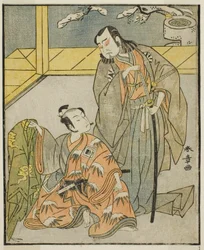 Aktorzy Nakamura Denkuro II jako Suma no Dairyo (po prawej) i Ichikawa Komazo II jako Ariwara no Yukihira (po lewej), w sztuce Kuni no Hana Ono no Itsumoji, wystawionej w Teatrze Nakamura w jedenastym miesiącu 1771