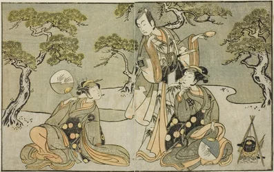 Aktorzy Nakamura Nakazo I jako Matsukaze (po prawej), Ichikawa Komazo II jako Ariwara no Yukihira (w środku) i Iwai Hanshiro IV jako Murasame (po lewej), w sztuce Kuni no Hana Ono no Itsumoji, wystawionej w Teatrze Nakamura w XI Miesiąc, 1771