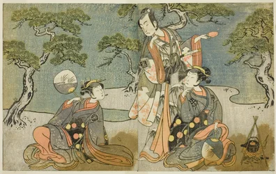 Aktorzy Nakamura Nakazo I jako Matsukaze (po prawej), Ichikawa Komazo II jako Ariwara no Yukihira (w środku) i Iwai Hanshiro IV jako Murasame (po lewej), w sztuce Kuni no Hana Ono no Itsumoji, wystawionej w Teatrze Nakamura w XI Miesiąc, 1771
