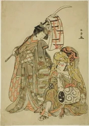 Aktorzy Nakamura Nakazo I jako Onmaya Kisanda przebrany za tancerza lwa Kakubei (Kakubei-jishi) (po prawej) i Segawa Kikunojo III jako Shizuka Gozen (po lewej), w Sekwencji Tańca „Myoto-zake Kawaranu Nakanaka” (Wieczna harmonia małżeństwa ) Puchar), od t