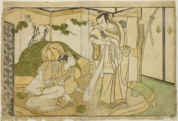 Aktorzy Nakamura Nakazo I jako Taira no Kiyomori (po prawej) i Yamashita Kinsaku II jako Tokiwa Gozen (po lewej), w sztuce Nue no Mori Ichiyo no Mato, wystawionej w Teatrze Nakamura w jedenastym miesiącu 1770