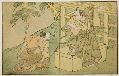 Aktorzy Onoe Matsusuke I jako Akaboshi Taro (po prawej) i Azuma Tozo II jako Shirotae (po lewej), w sztuce Kono Hana Yotsugi no Hachi no Ki, wystawionej w Teatrze Ichimura w jedenastym miesiącu 1771