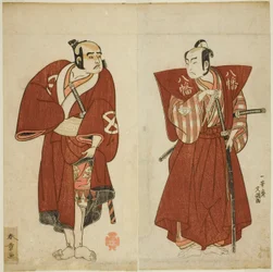 Aktorzy Onoe Matsusuke I jako Yawata no Saburo (po prawej) i Otani Tomoemon I jako Yakko Emohei (po lewej), w sztuce Myoto-giku Izu no Kisewata, wystawionej w Teatrze Ichimura w jedenastym miesiącu 1770