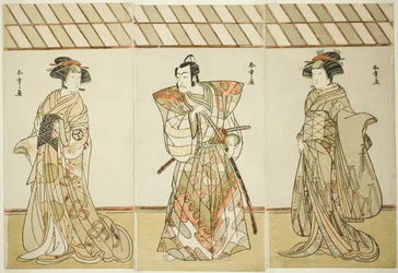 Aktorzy Onoe Tamizo I jako Nishikigi (?) lub Otae (?) (po prawej), Ichikawa Danjuro V jako Miura Heidayu Kunitae (?) (w środku) i Osagawa Tsuneyo II jako Oyuki (?) (po lewej), w Dacie odtwarzania Nishiki Tsui no Yumitori (?), Wystąpił w Teatrze Morita (?) 