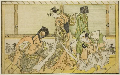 Aktorzy Otani Hiroji III jako Kawazu no Saburo (po prawej), Segawa Kikunojo II jako księżniczka Tatsu (Tatsu Hime) (w środku) i Nakamura Sukegoro II jako Matano no Goro (po lewej), w Play Myoto-giku Izu no Kisewata, Wystąpiono w Teatrze Ichimura w Eleven