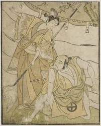 Aktorzy Otani Tomoemon I jako Emohei (po prawej) i Sanogawa Ichimatsu II jako Sanada Yoichi (po lewej), w sztuce Myoto-giku Izu no Kisewata, wystawionej w Teatrze Ichimura w jedenastym miesiącu 1770