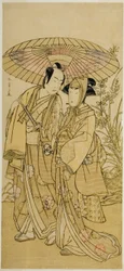 Aktorzy Segawa Kikunojo III (po prawej) jako Ochiyo i Bando Mitsugoro I (po lewej) jako warzywniak Hambei w sztuce Kabuki no Hana Bandai Soga, wystawionej w Teatrze Ichimura w czwartym miesiącu 1781 r.