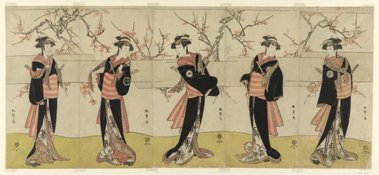 Aktorzy Segawa Kikunojo III jako Karigane Obun, Nakayama Tomisaburo I jako An no Oyasu, Iwai Kiyotaro II jako Kaminari no Osha, Nakayama Tatezo I jako Gokuin no Osen i Ichikawa Monnosuke II jako Hotei no Oichi (od prawej do lewej), w „Gonin Onna, scena pie