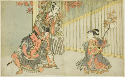 Aktorzy Yamashita Kinsaku II jako Mutsuhana (po prawej), Bando Mitsugoro I jako Kashiwagi no Emon (w środku) i Nakamura Sukegoro II jako Akamatsu Mushanosuke (po lewej), w sztuce Fuki Kaete Tsukimo Yoshiwara (Rachowany dach: Księżyc też świeci) Yoshiw