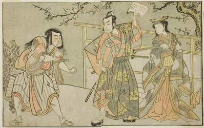 Aktorzy Yamashita Yaozo I jako Ono no Komachi (po prawej), Matsumoto Koshiro II jako Godai Saburo (w środku) i Ichikawa Danzo III jako Otomo no Kuronushi (po lewej), w sztuce „Kuni no Hana Ono no Itsumoji”, wystąpili na Teatr Nakamura w jedenastym miesiącu