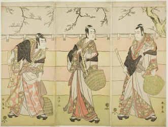 Trzej mnisi z Komuso: Aktorzy Ichikawa Ebizo (Danjuro V) jako Kudo Suketsune (po prawej), Ichikawa Monnosuke II jako Soga no Juro Sukenari (w środku) i Ichikawa Omezo I jako Soga no Goro Tokimune (po lewej), w szóstym akcie sztuki Waka Murasaki Edokko Soga