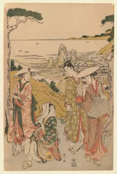 Grupa pielgrzymów z Yedo przed herbaciarnią na wzgórzach za plażą Futami podziwiających widok, 1795 (kolorowy drzeworyt)