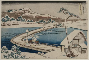 Starożytny obraz mostu łodziowego w Sano w prowincji Kozuke z serii Ciekawe widoki słynnych mostów w prowincjach