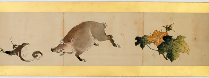 Szczegół ręcznego przewijania z różnymi obrazami, okres Edo, 1839 tusz i kolor na papierze