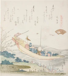 Prom na rzece Sumida, ilustracja do muszli stolicy (Miyako-gai), z serii „Gra w dopasowywanie z muszlami wierszy z okresu Genroku (Genroku kasen kai awase)”