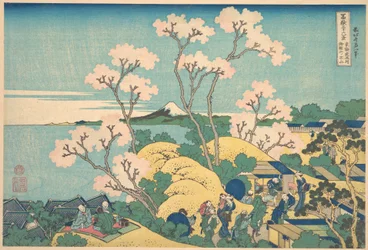 Góra Fuji widziana z Gotenyama przy drodze Tōkaidō w Shinagawie (Tōkaidō Shinagawa Gotenyama no Fuji), z cyklu „Trzydzieści sześć widoków góry Fuji” (Fugaku sanjūrokkei)