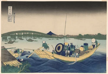 Fuji z Ommayagashi ze Zmierzchem nad mostem Ryogoku (Ommayagashi yori ryogokubashi sekiyo o miru), z cyklu „Trzydzieści sześć widoków na górę Fuji (Fugaku sanjurokkei)”
