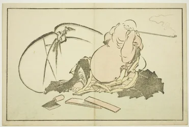 Hotei palący fajkę, z książki z realistycznymi obrazami Hokusaia (Hokusai shashin gafu), ok. 1814 (kolorowy drzeworyt (arkusz albumu))