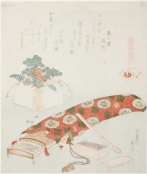 Koto i ofiara noworoczna, ilustracja do The Akoya Beach Shell (Akoyagai), z serii „Gra w dopasowywanie z muszelkami wierszy z okresu Genroku (Genroku kasen kai awase)”