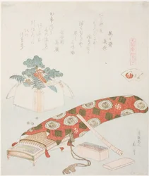 Koto i oferta noworoczna, ilustracja do muszli plażowej Akoya (Akoyagai), z serii A Matching Game with Poem Shells z okresu Genroku