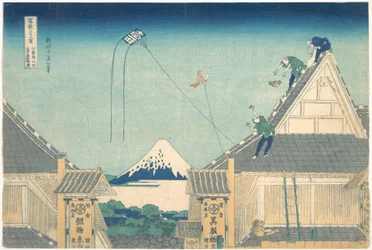 Sklep Mitsui w Surugachō w Edo (Edo Surugachō Mitsui mise ryaku zu), z cyklu „Trzydzieści sześć widoków góry Fuji” (Fugaku sanjūrokkei)