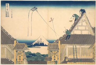 Sklep Mitsui w Surugachō w Edo (Edo Surugachō Mitsui mise ryaku zu), z cyklu „Trzydzieści sześć widoków góry Fuji” (Fugaku sanjūrokkei)