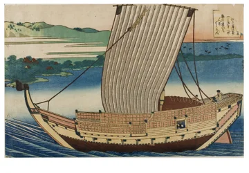 Nr 18. Scena, dżonka płynąca po spokojnym morzu obok zatoki Suminoye w Settsu, z serii Sto wierszy wyjaśnionych przez pielęgniarkę, ok. 1835-1836 (drzeworyt na papierze)