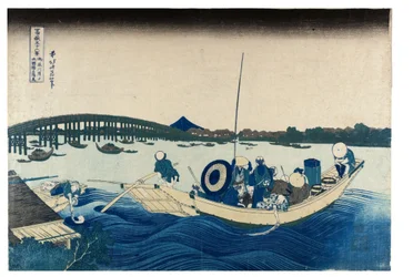 Nr 45 Zachód słońca nad mostem Ryogoku, okres Edo, ok. 1830 r. (drzeworyt na papierze)