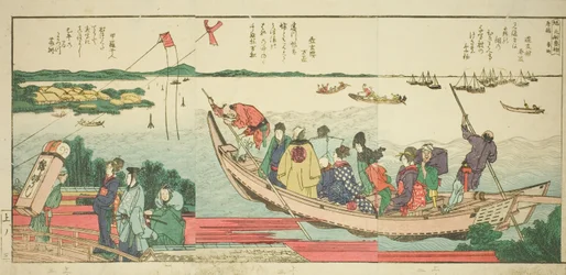 Strony z ilustrowanej książki „Panoramiczne widoki wzdłuż brzegów rzeki Sumida (Ehon Sumidagawa ryogan ichiran)”