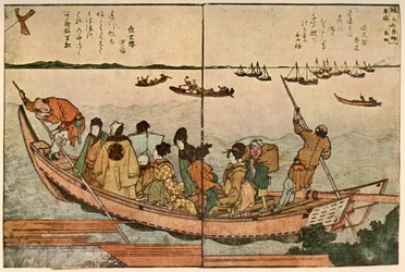 Pasażerowie na łodzi przekraczającej rzekę Sumida w Japonii, ok. 1804 r., 1924 r.