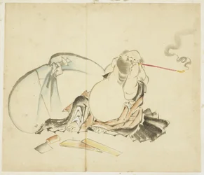 Siedzący Hotei palący fajkę, ca. 1815-1849 (tusz i kolor na papierze)