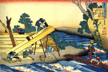 Serie de cent poems de cent poetes : "Harumichi no Tsuraki" Charpentiers au travail - Estampe de Katsushika Hokusai (1760-1849) (ecole ukiyo-e) vers 1830 State Hermitage Saint Petersbourg